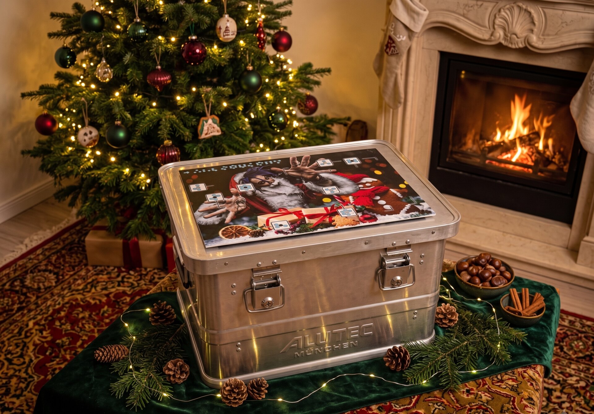 Beat the Red Box Alukoffer mit Weihnachtsmotiv vor Christbaum und Kaminfeuer